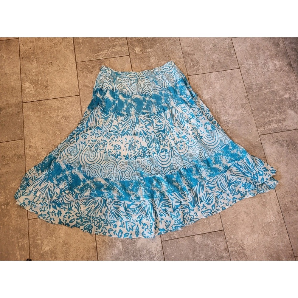 Aqua White Tiered Lightweight Pull On A-line Hippie Maxi Skirt Sz 1X